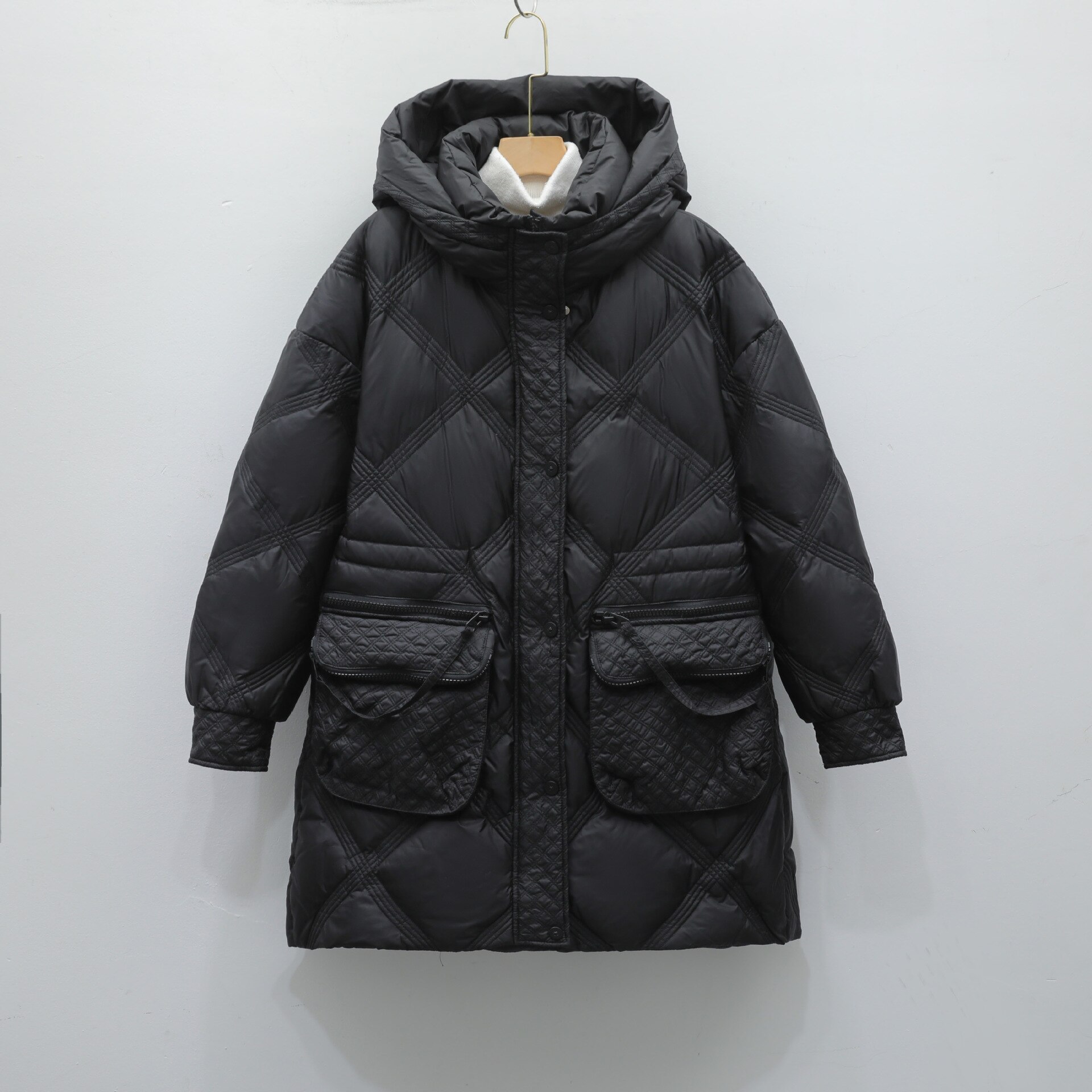 2022女式簡約菱格中長款ファスナーファッション大ポケット保温韓版新型羽毛 5,350円