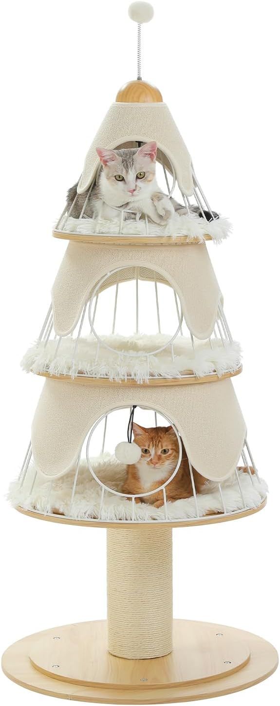 キャットタワー おしゃれ 猫タワー 猫ハウス 多頭飼い かわいい 3階建て 極太 爪研ぎ ツリー型 キャットツリー クリスマスツリー ペット用品 スチール製 取り外し可能 安定 頑丈 キレイ - ホワ