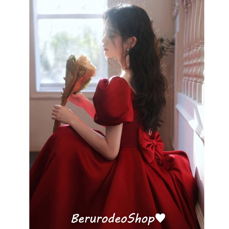 ゲストドレス 結婚式ドレス ワイン赤 二次会ドレス サテン ドレス バックリボン オシャレ イブニングドレス パーティードレス ワインレッド パフスリーブ ロングドレス Aライン 発表会ドレス XS