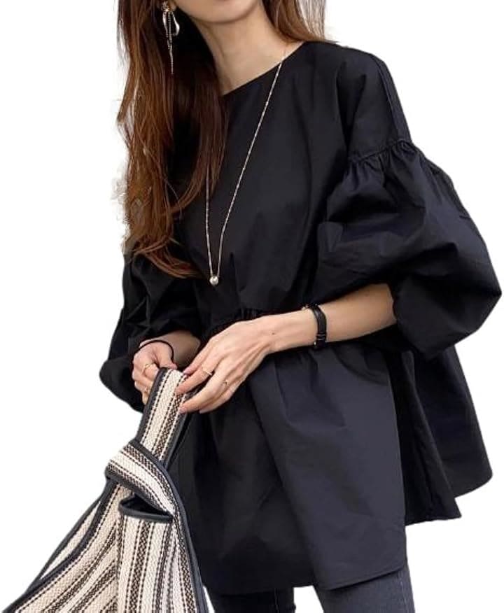 ジェイスコット ブラウス レディース チュニック ボリューム袖 パフスリーブ ペプラム 前後2way 長袖 JS134(ブラック, XL)
