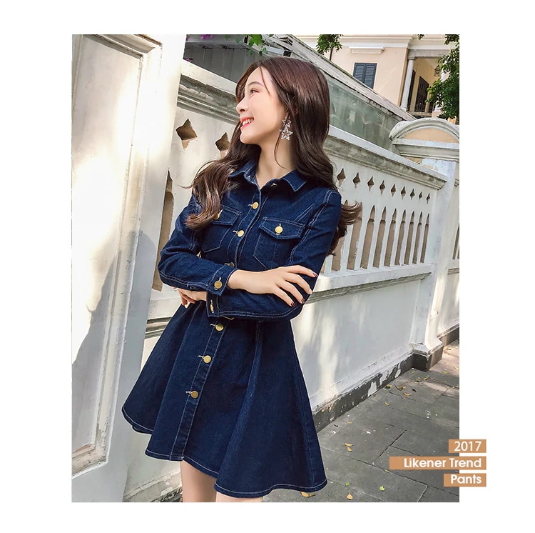 ワンピース フレアワンピース デニムワンピース 膝丈 ひざ丈 袖あり 長袖 襟付き Aライン デニム ブルーデニム かわいい 大人可愛い シンプル カジュアル 上品 おしゃれ お洒落 キュート