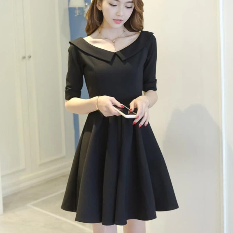 襟付きフレアワンピース ワンピース フレアワンピース ミニ ミニ丈 ショート ショート丈 袖あり 5分袖 五分袖 Vネック 襟付き フレア Aライン ハイウエスト かわいい 大人可愛い シンプル