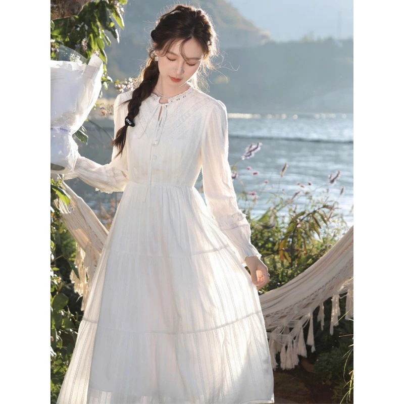 2025 新作 ワンピース 夏 半袖 長袖ワンピース ロングワンピース ロング シフォンワンピ ベアワンピ レースワンピ ドレス パーティードレス2025スプリングホワイトウエストスリム長袖