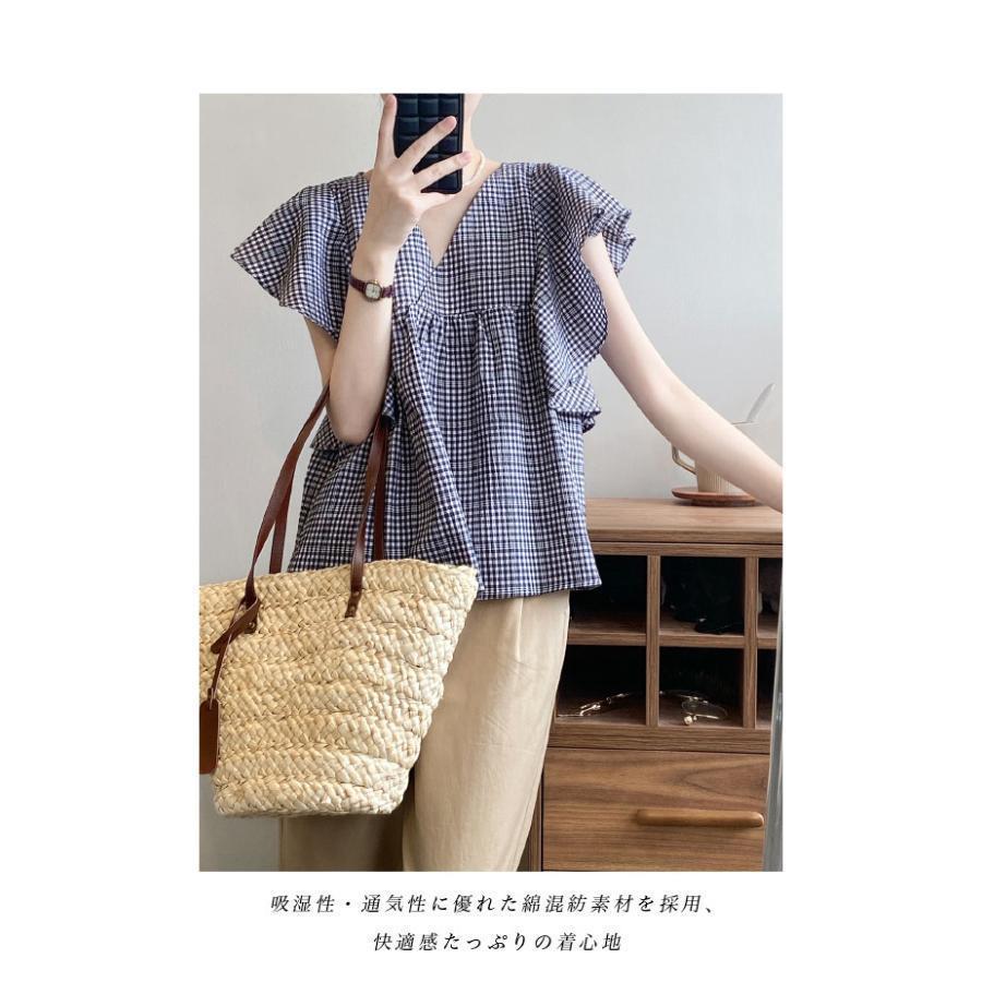 ブラウス ノースリーブ 夏 レディース Vネック フリルブラウス Aライン サマーブラウス チェック柄 綿混 ノースリーブブラウス 体型カバー