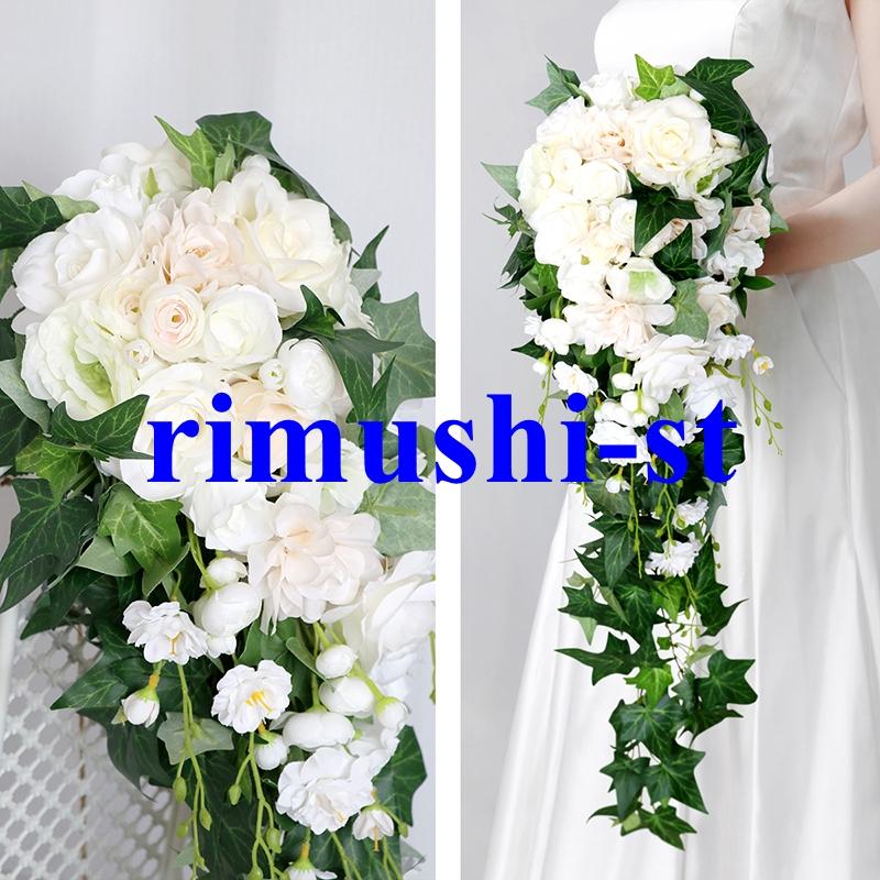 【短納期】ウエディングブーケ 花嫁 ブーケ 結婚式 バラ造花 ウェディング用 アレンジメント 花嫁 披露宴 手作り キット白緑色のロングの水滴型ブライダルブ