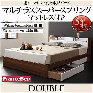[組立設置付]棚付 収納ベッド [シンク/ディ] マルチラススーパースプリングマットレス付 ダブル ウォルナットxホワイト