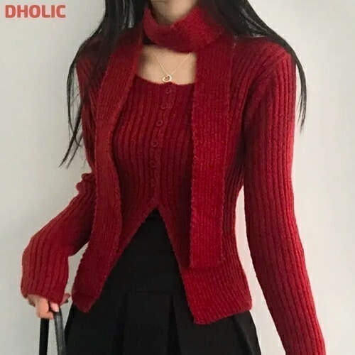 マフラー付スクエアスリットニットカーディガン