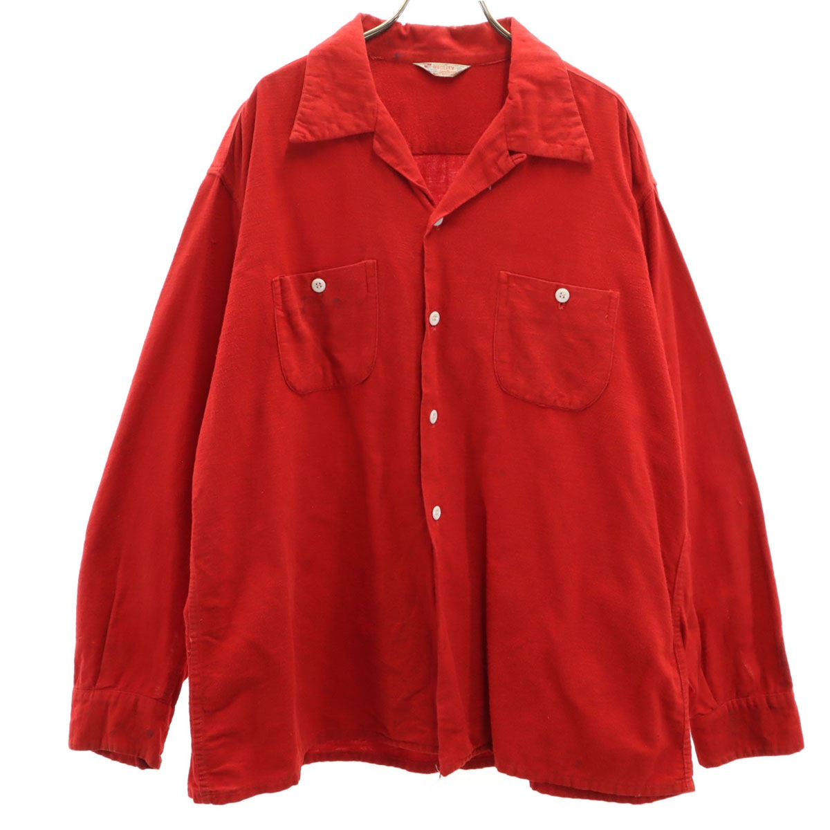 QUALITY 50s 60s ヴィンテージ 開襟 長袖 フランネル オープンカラーシャツ XL レッド メンズ 古着