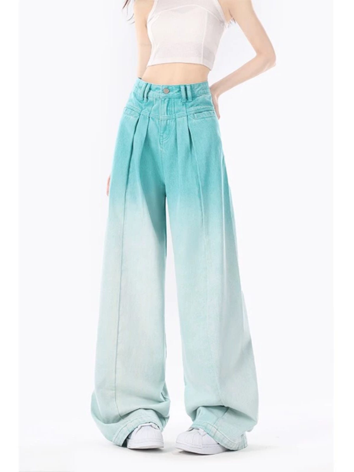 レイクブルーデニムオーバーオールレディースミントマンボグリーン春グラデーションハイウエストルーズストレートワイドレッグサマーパンツ 母の日-0000865