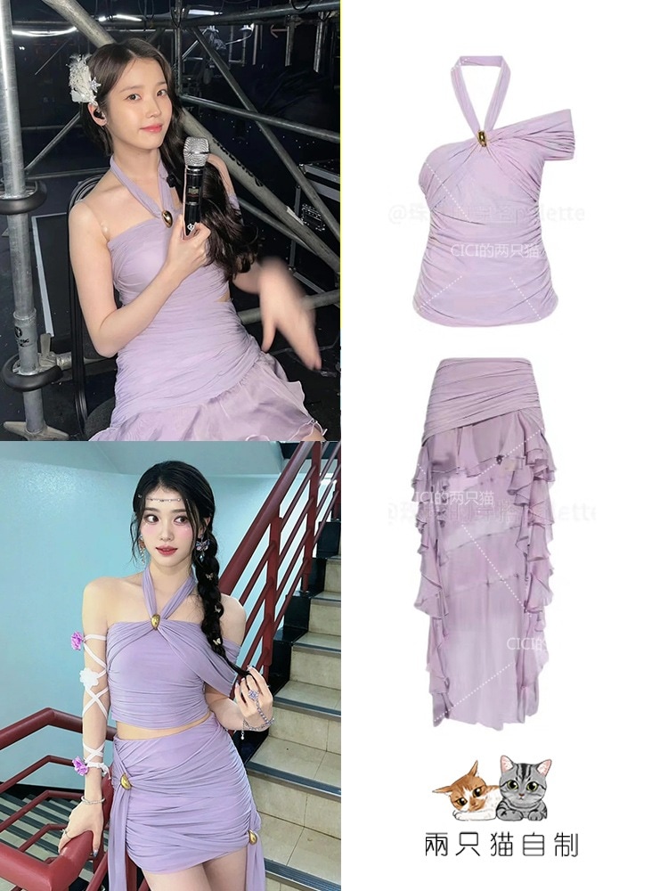 Iu Li Zhienとshen Xiaoting紫色のホルターネックプリーツホルタートップイレギュラースカートスーツ