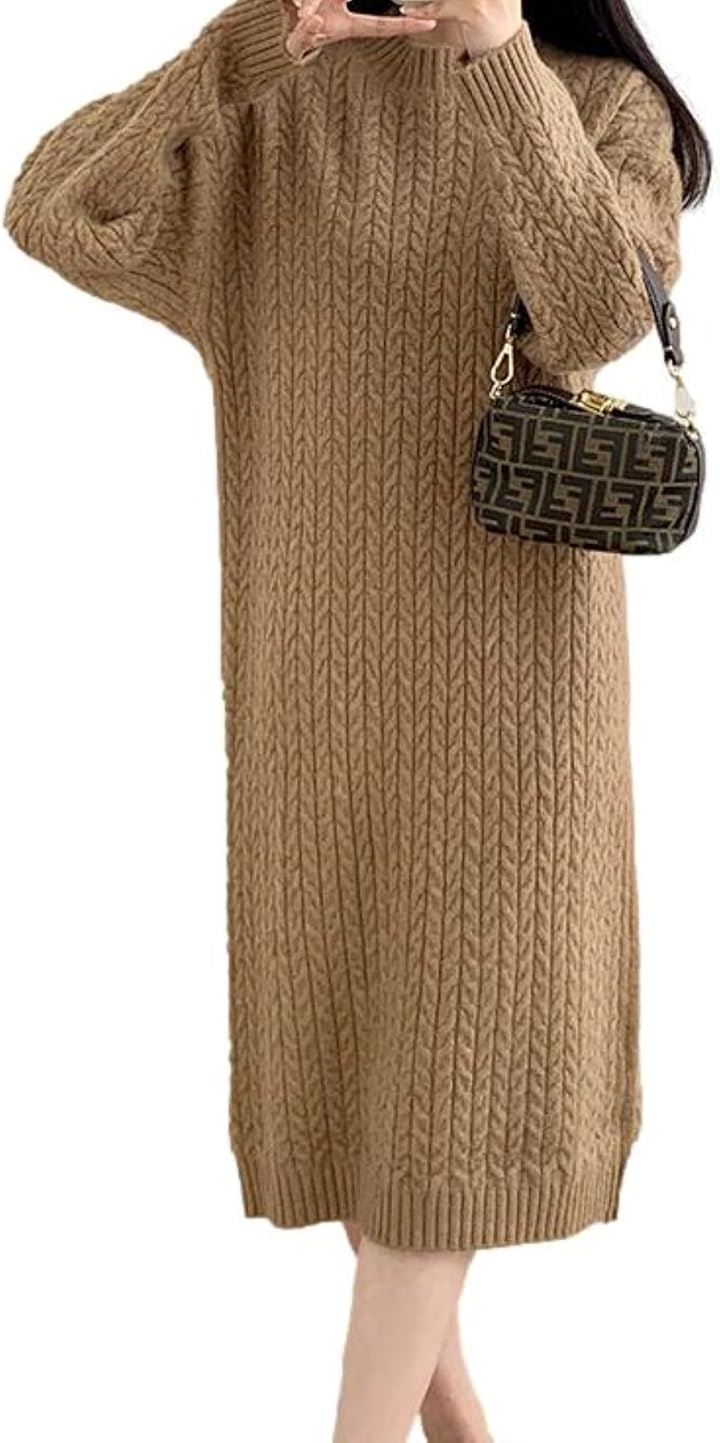 ワンピース レディース ニット ケーブル編み ラウンドネック 膝下丈 長袖 Iライン ゆったり ニットプルオーバー 大人っぽい リッチ シャレ感 シルエット 編み上げ(ブラウン, M)