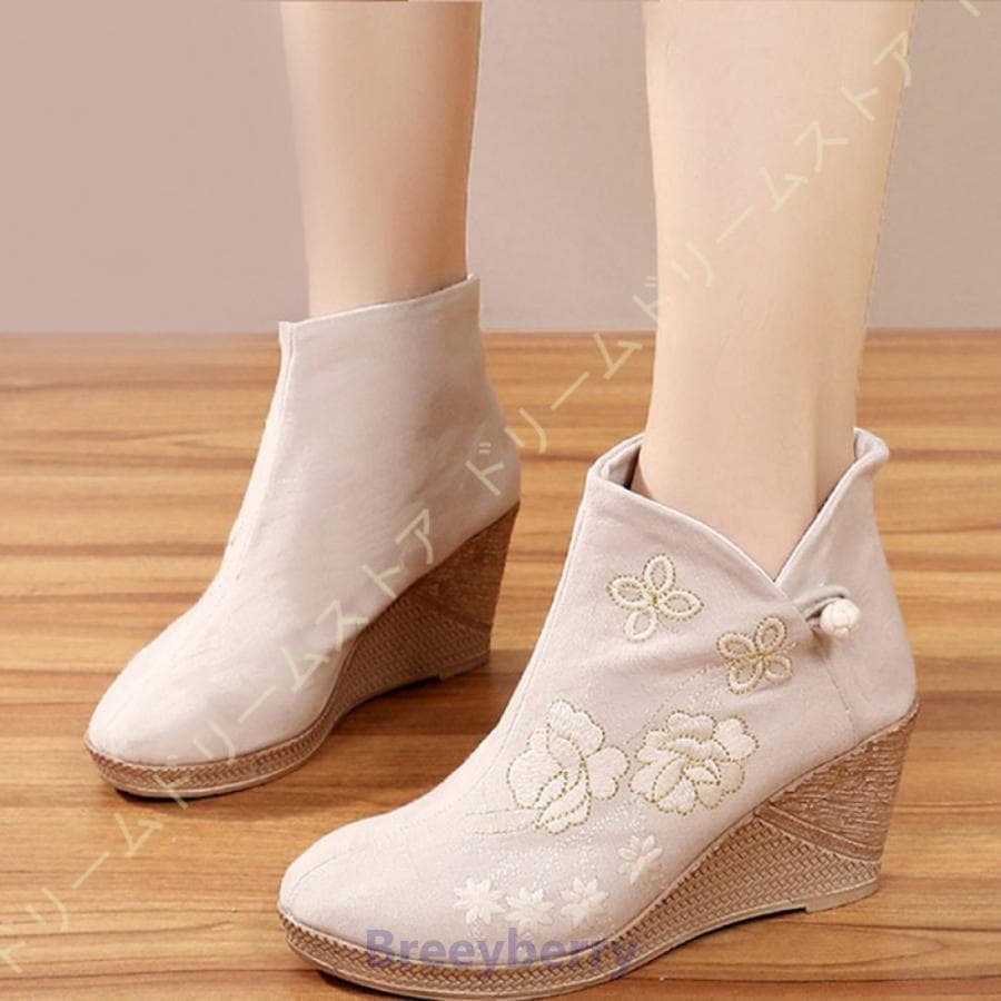 【即納】ハイヒール 民族風 ブーティ レディース 美脚 ヒール 7cm ショートブーツ 刺繍 花柄 ウェッジソール ハイヒール チャイナシューズ スリッポン 履きやすい 軽量