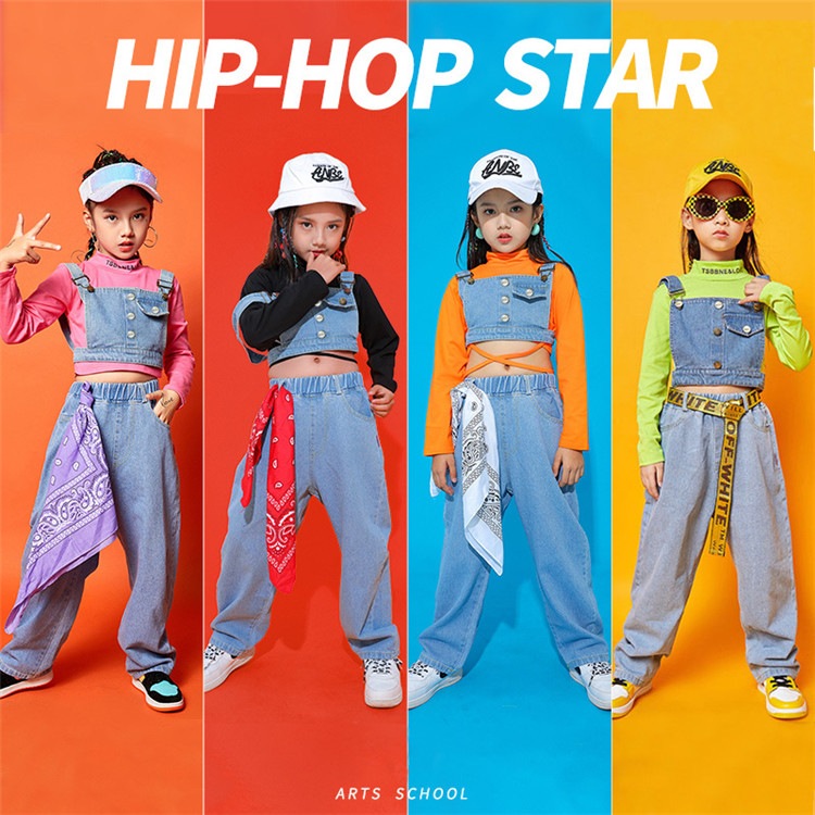 ヒップホップ キッズダンス衣装 セットアップ デニムパンツ 4色 へそ出し デニムタンクトップ 女の子 ジャズ ロングパンツ ダンス衣装 長袖 ジャッズ ヒップホップ ストリート 演出服 ダンスウェア