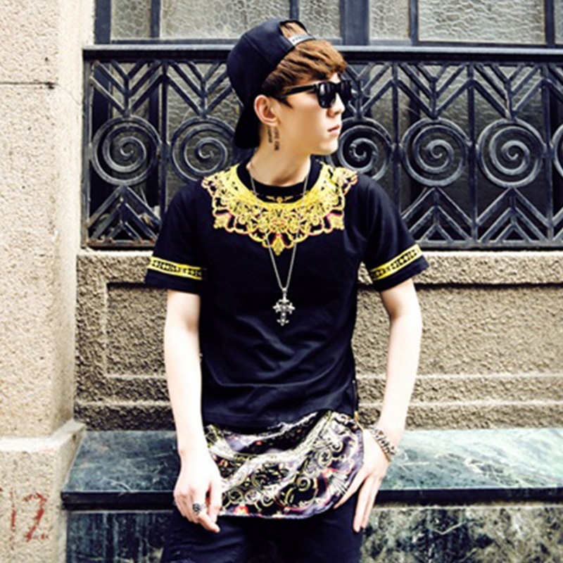 トレンディなメンズサイドジッパーステッチラージサイズ半袖tシャツ裾スリットプリントtシャツ韓国版 メンズ スポーツ