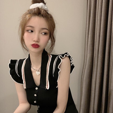 ノースリーブニット トップス ニットソー セーター 袖なし ノースリーブ Vネック 襟付き フリル かわいい 大人可愛い きれいめ シンプル カジュアル 大人 上品 おしゃれ お洒落 大人可愛い