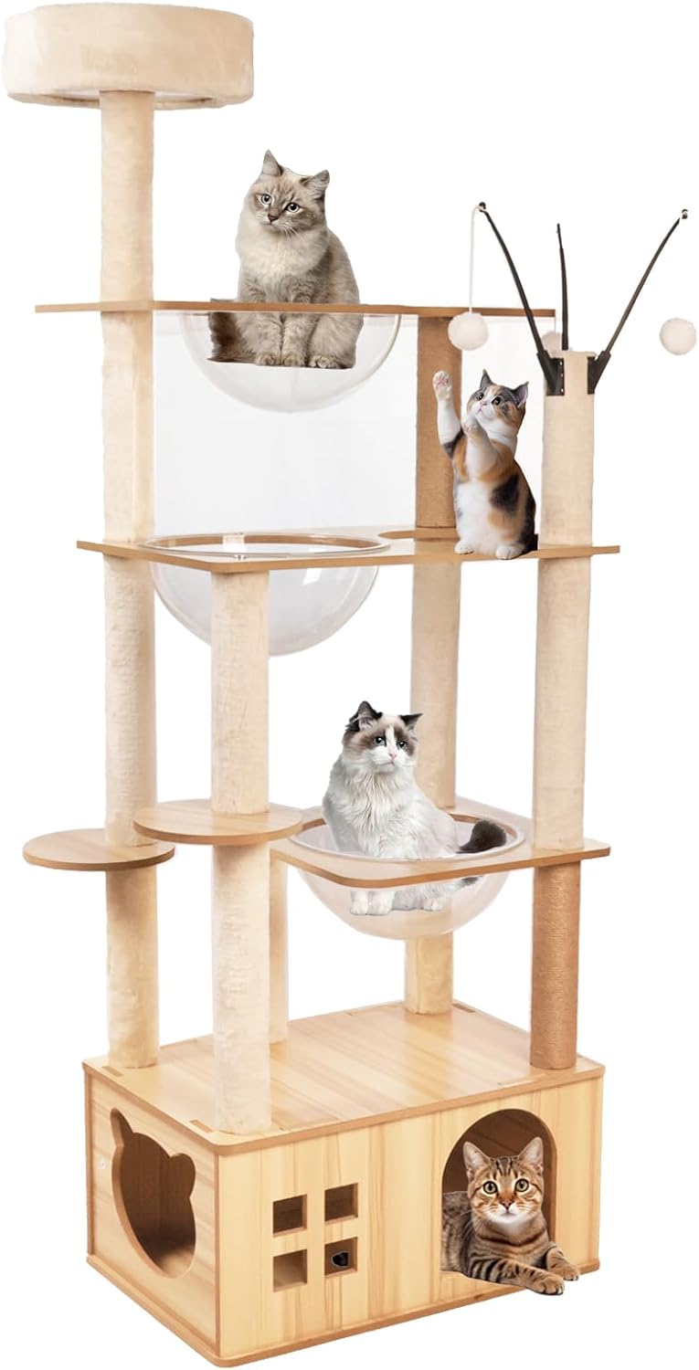 Yinanroa 「2025年の新スタイル」キャットタワー 木製 シニア猫 太った猫 短足猫 子猫向け 3個透明ボウル ハンモック宇宙船付き 多頭飼い 人気 据え置き, 7,827円