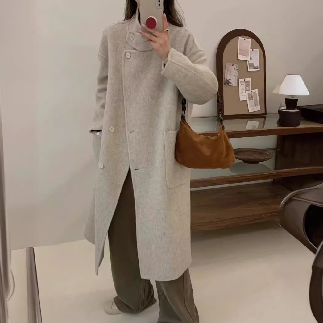 2024新型高級感カシミヤ両面ウールコート立襟ゆったり毛コート