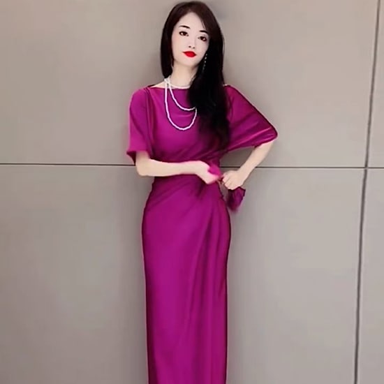 【取寄：納期2週間】結婚式ドレス ワンショルダー サテン スタイリッシュ 五分袖 発表会 演奏会 レディース 結婚式 ステージ衣装 ミモレ丈 エレガント ウエディングドレス カラードレス