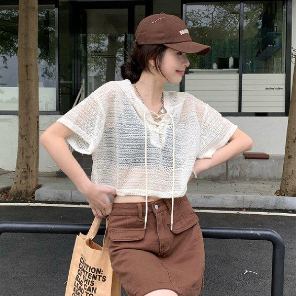 女性クロップドストリングフード付き半袖パターンシースルーニット SDW-KNH-SLLT143