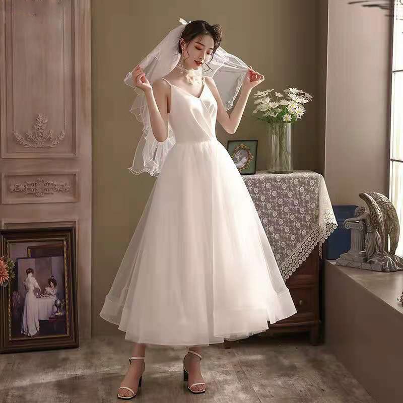 ホワイトライトウェディングドレスサテンチュチュスカートvネックサスペンダーミドル丈スタジオアウトドア旅行写真ガーゼシンプルレトロスタイル 5,766円