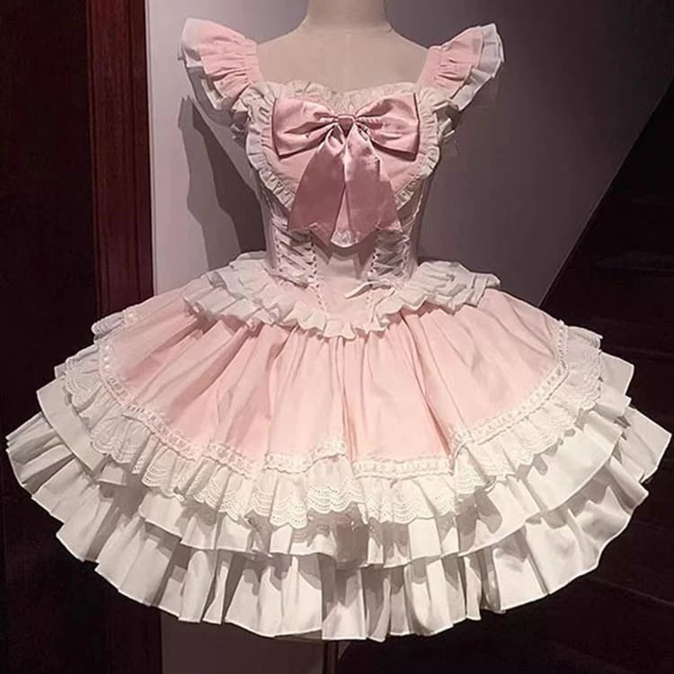 ロリータドレス 夏 洋服 蝶結び つぎて フライングスリーブ キャミソールワンピース ロリータ ワンピース