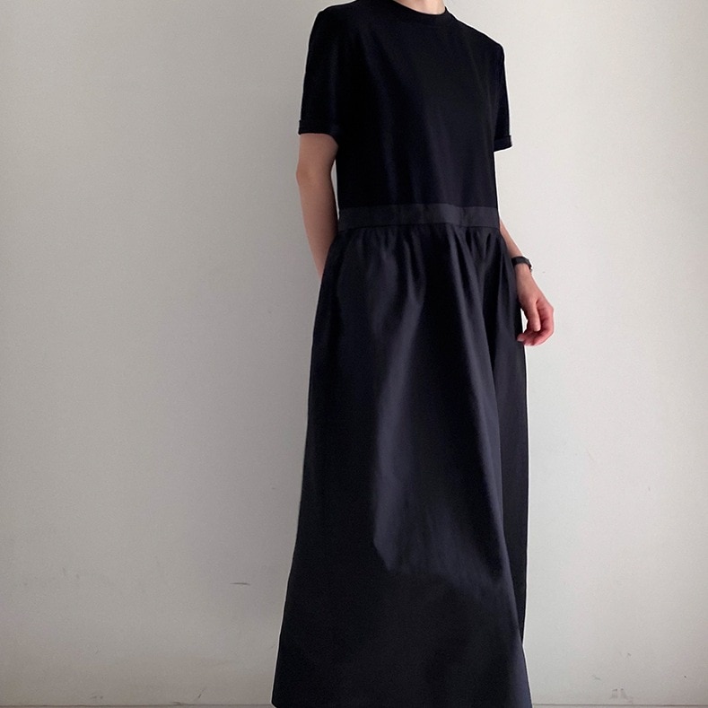 個性的 春服 夏服 ウエストリボン 切り返し ブラック ワンピ レディース ワンピース ロング 袖あり 半袖 ラウンドネック セミフレア タイト インスタ映え SNS 映え 流行 トレンド