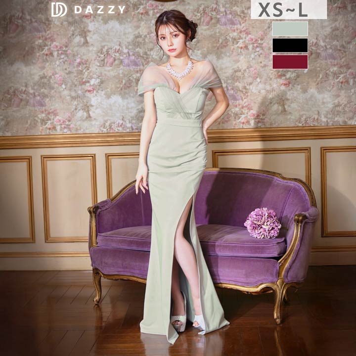 【累計販売1000枚以上】 美スタイル見せ叶うシアークロスチュールギャザーオフショルタイトロング丈ドレス