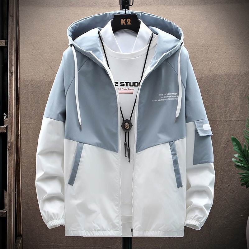 春と秋のメンズジャケットトレンディな韓国のワークウェアジャケットティーンエイジャー学生トップスカジュアル薄いフード付きガウン