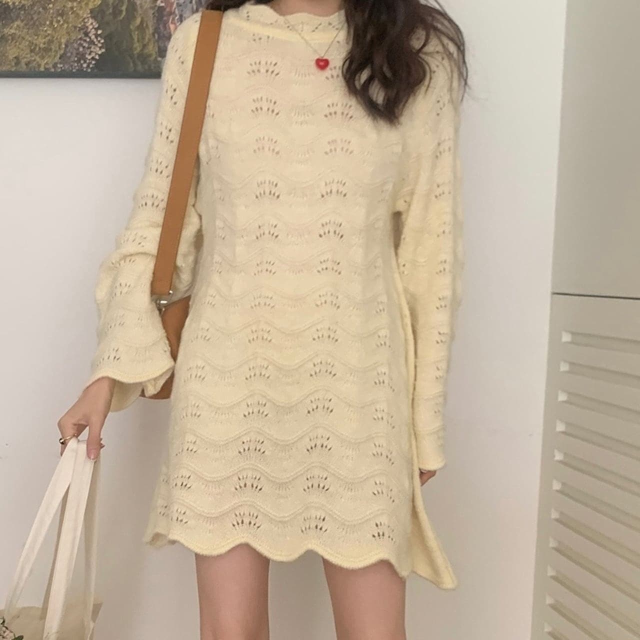 2024 秋冬ワンピース ニット ミニ丈 長袖 Aライン レース 透かし彫り 秋 白 おしゃれ かわいい 韓国ファッション レディース お出かけ安い