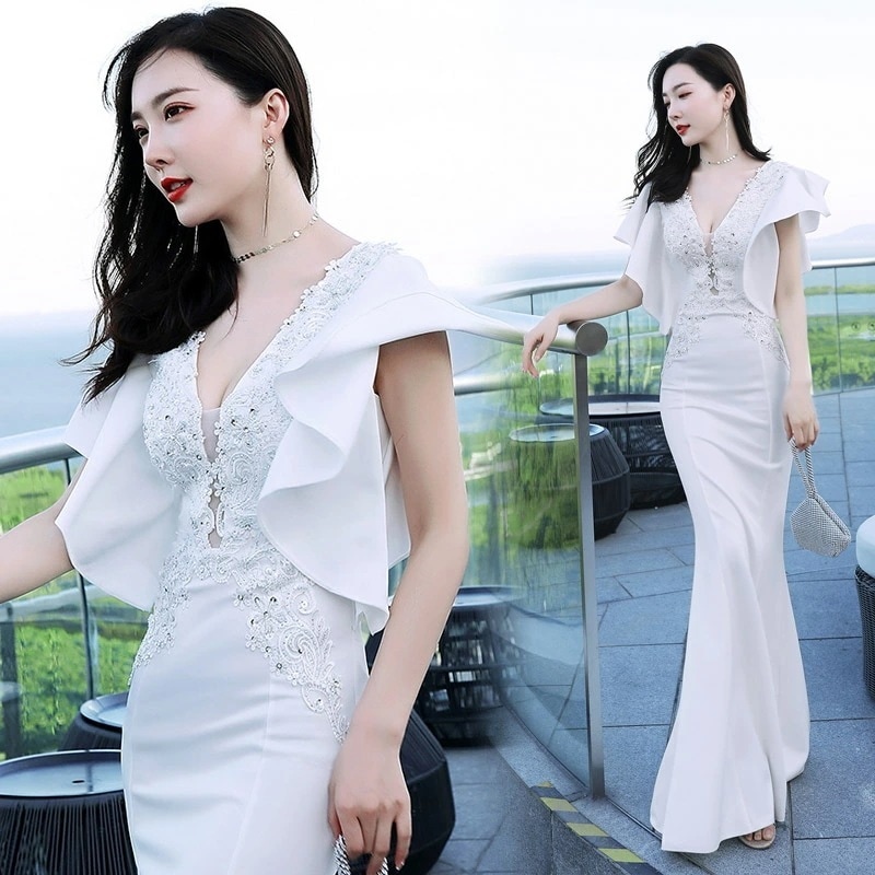 全6色 マーメイドドレス イブニングドレス 白 レース Vネック セクシー ロングドレス 黒 ワイン赤 マーメイドライン タイトドレス 花柄 オシャレ ナイトドレス パーティードレス ベージュ ネイビ