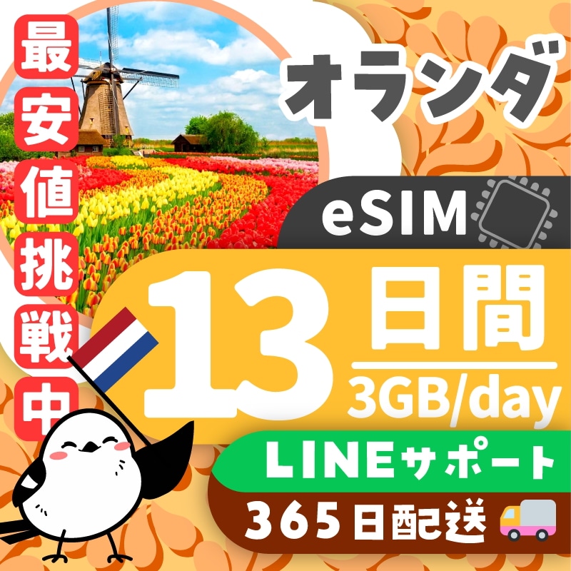 【オランダeSIM】簡単設定／使用日数：１３日間／データ容量：３GB（day）／有効期限90日／最短即日発行／パスポート番号不要／データ通信専用／オランダSIM