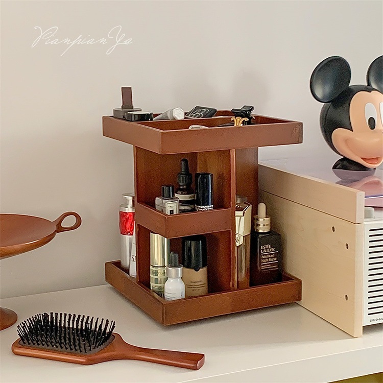 早い者勝ち レトロ 木質 段積み整理 卓上収納ケース スキンケア用品 小物収納 化粧台 化粧品収納ケース 360回転可能