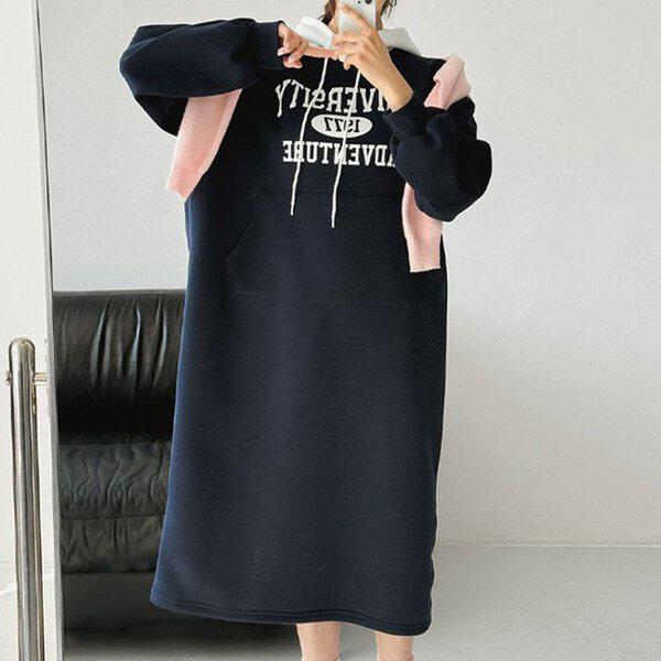 (OP)起毛漆塗り配色フードOPS冬用起毛ワンピース