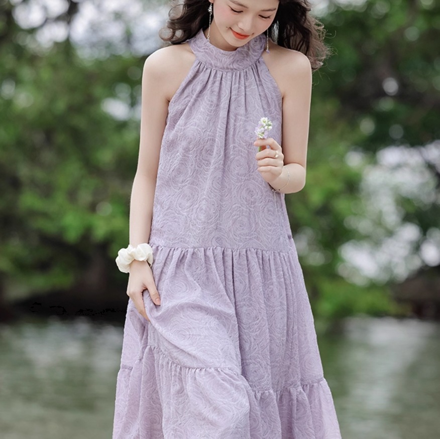 レディース ワンピース ティアード ミモレ 袖なし ノースリーブ ホルターネック セミフレア ストレート Iライン フェミニン ふっくら かわいい シンプル カジュアル おしゃれ ラフ ガーリー