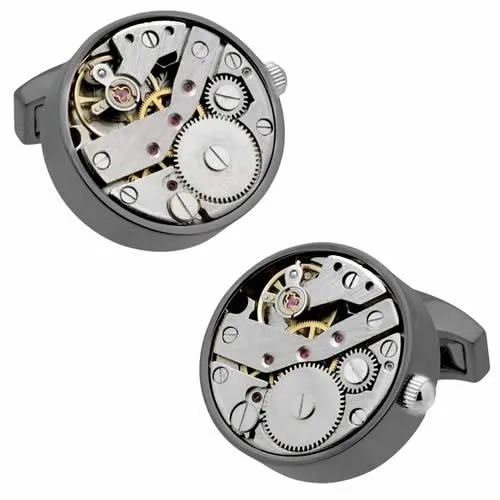 カフスボタン カフス 時計 スチームパンク ガンメタル 時計ムーブメント カフリンクス メンズアクセサリー
