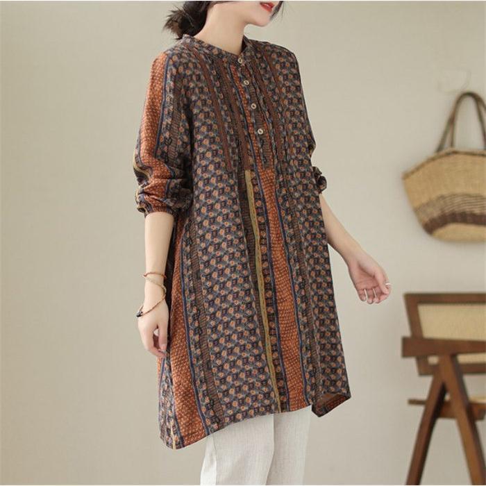 チュニック シャツワンピース ロングシャツ レディース 長袖 春 秋 チュニックシャツ 秋ワンピー コットン リネン 大きいサイズ 花柄 綿麻風 着痩せ