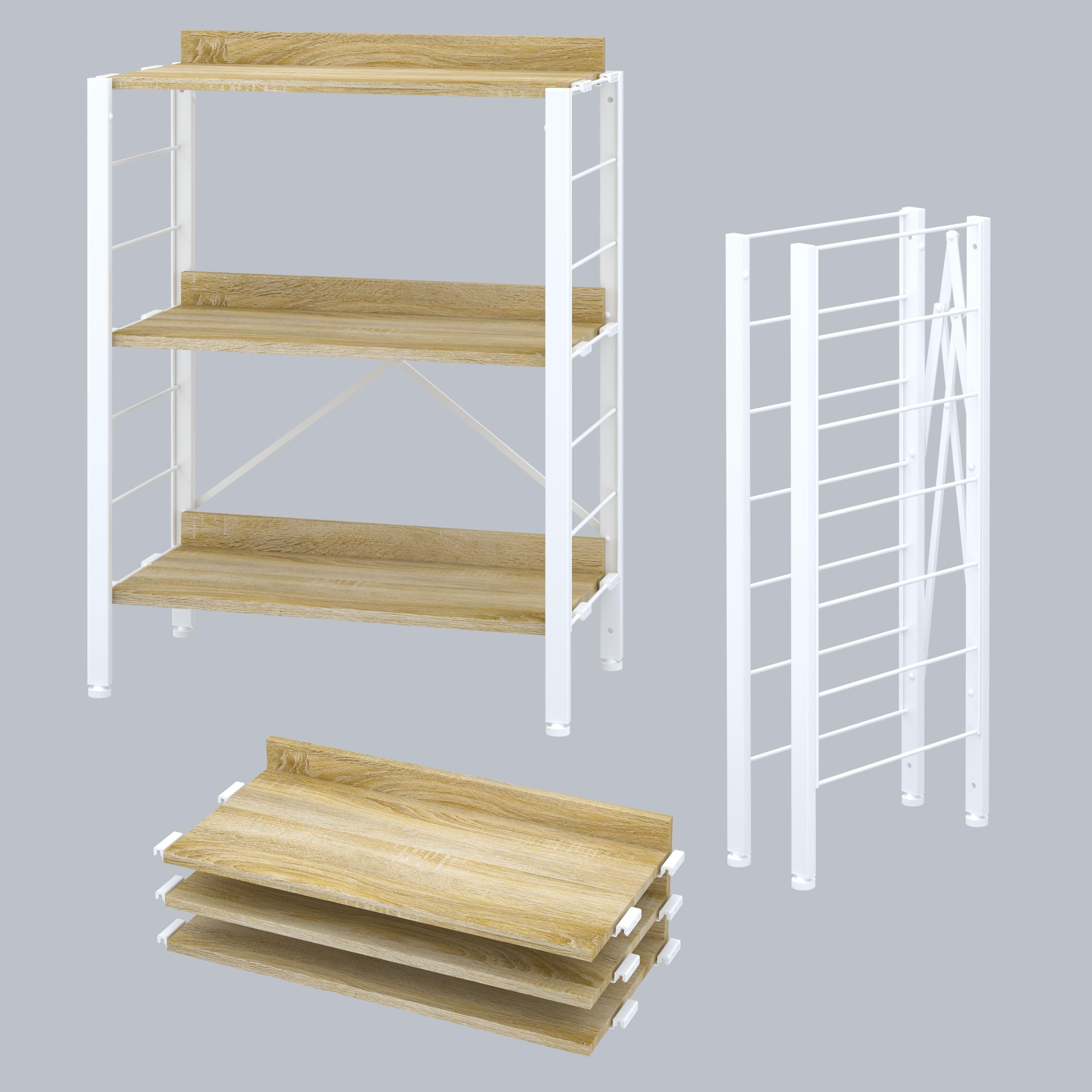 XINYF【広げるだけで組立簡単】スチールラック 棚板の連結で使い方は自由自在 連結 可動棚 オープンシェルフ ラック 3段 幅:65CM 奥行:34CM オーク