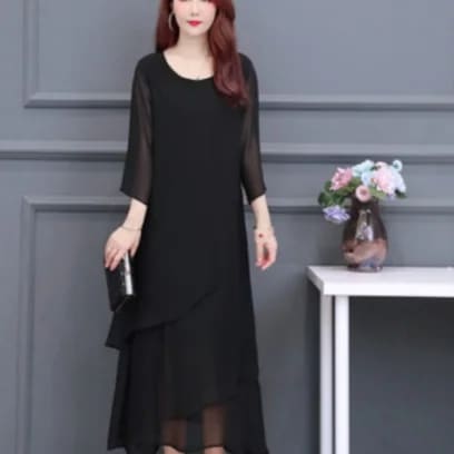 ブラックフォーマルワンピース ワンピース ロング丈 七分袖 ラウンドネック フレア Aライン