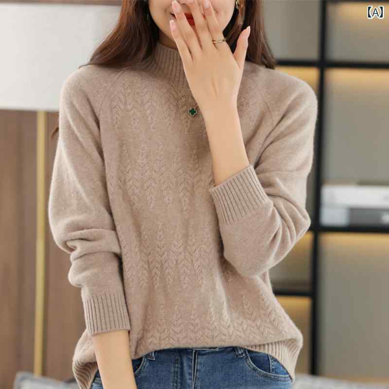 セーター 長袖 レディース 女性 秋冬 レトロ ルーズ ハイネック プルオーバー ウール ケーブル編み 大きいサイズ シンプル 無地 カジュアル 白 赤 グレー