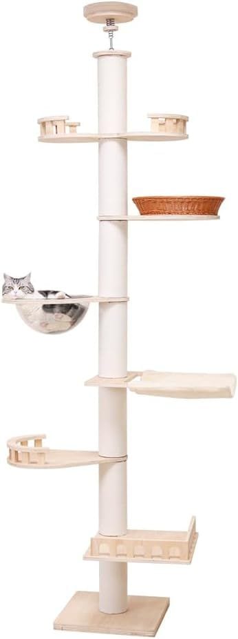 キャットタワー 突っ張り スリム 木製 シニア 宇宙船 シンプル キャットツリー 猫タワー 太い支柱 大型猫 中型 おしゃれ 省スベース 宇宙船ボウル 隠れ家 爪とぎ 多頭飼い 安定 203~268c