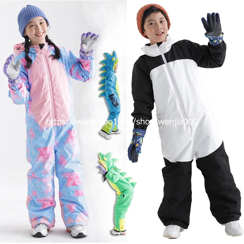 （1～3日で出荷）スノーボードウェア キッズ つなぎ 恐竜柄 パンダ柄 オールインワン スキーウェア ワンピース 女の子 男の子 子供 子ども こども スキー かわいい 耐水度5000mm
