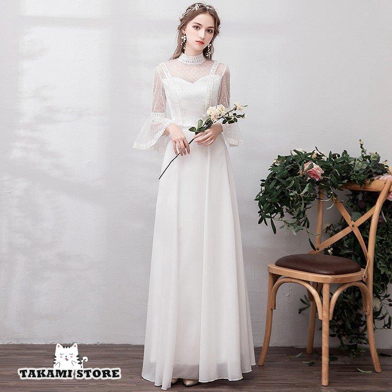 ウエディングドレス 大きいサイズ 3L 小さいサイズ ロングドレス 白 スレンダーライン レース シースルー ハイネック 袖あり 七分袖 フリル袖 スタンドカラー