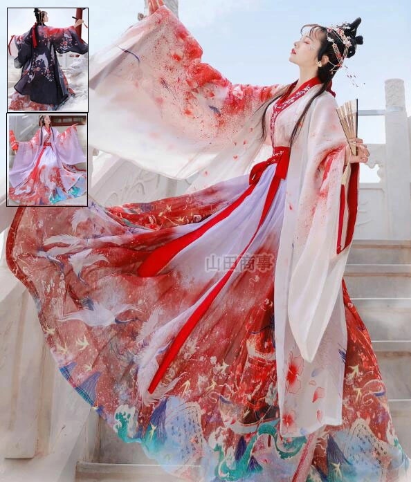 中華風チャイナドレス 唐装漢服 プリント 中華流ステージ衣装 コスプレ衣装 ハロウイン コスチューム　時代劇コスチューム　仮装　変装　羽織+ブラウス+スカート３点セット 写真撮影ドレス ステージ衣裳
