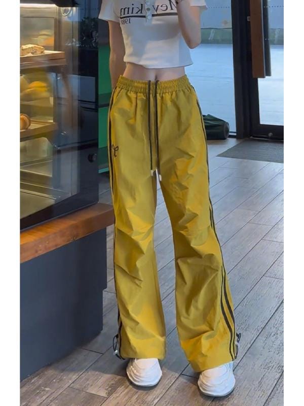 レディース ファッション オシャレ カワイイ シンプル 人カワイイ きいサイズ アメリカン イエロー ガール カジュアル パンツ 黒 ダブル サイド シーム ストレッチ ウエスト スウェット パンツ