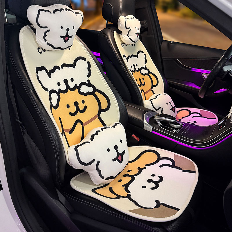 漫画ライン子犬シートクッション冬用ショートパイルカーシートクッションオールシーズンユニバーサルかわいい漫画シングルチップカークッション