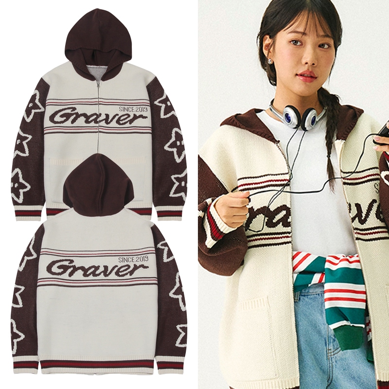 [UNISEX]STARS Knit Hoodie_Cream/Brown