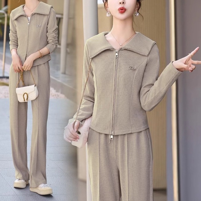 ハイエンドのカスタマイズ-女性のためのカジュアルスポーツウェアスーツ 2025 春の新スタイルルーズでスリムなラペルカーディガンワイドレッグパンツ気質 2 点セット