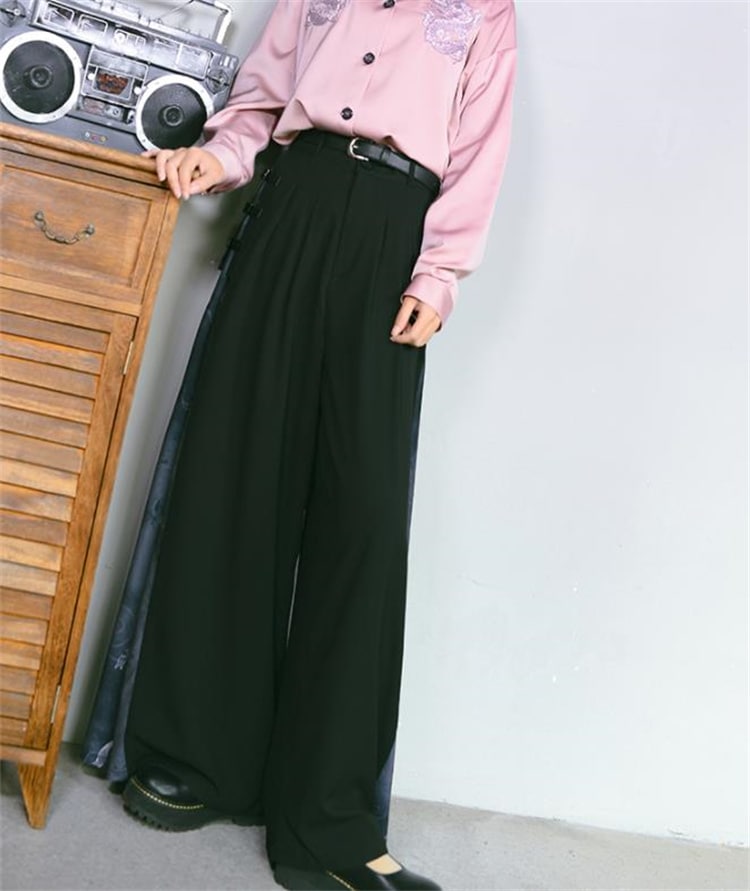 INSスタイル 秋 ワイドパンツ ロングパンツ 黒いロンパン 狐影シリーズ 柄パンツ ドレープ 新中国風 改良