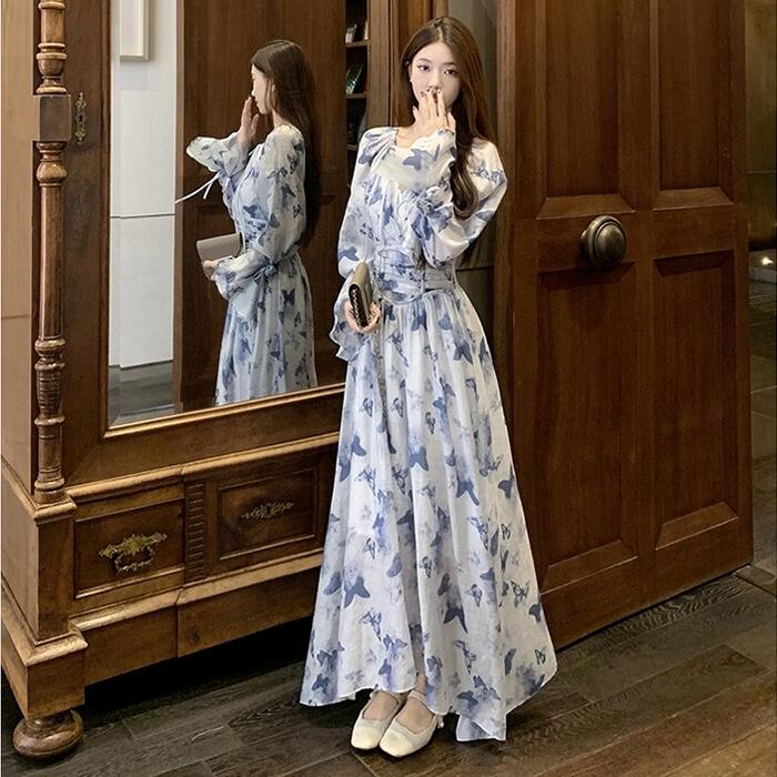 ワンピース ドレス 袖あり バタフライ 蝶 レディース エレガント きれいめ カジュアル ロング丈 マキシ丈 大人 可愛い 長袖 Aライン フェミニン おしゃれ Vネック キャンディスリーブ ハイウエ 5,088円