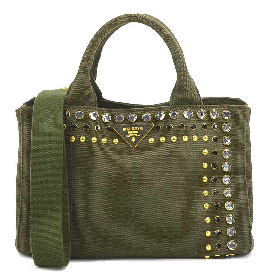 プラダ PRADA ハンドバッグ ショルダーバッグ カナパ キャンバス カーキ ゴールド レディース e58565g